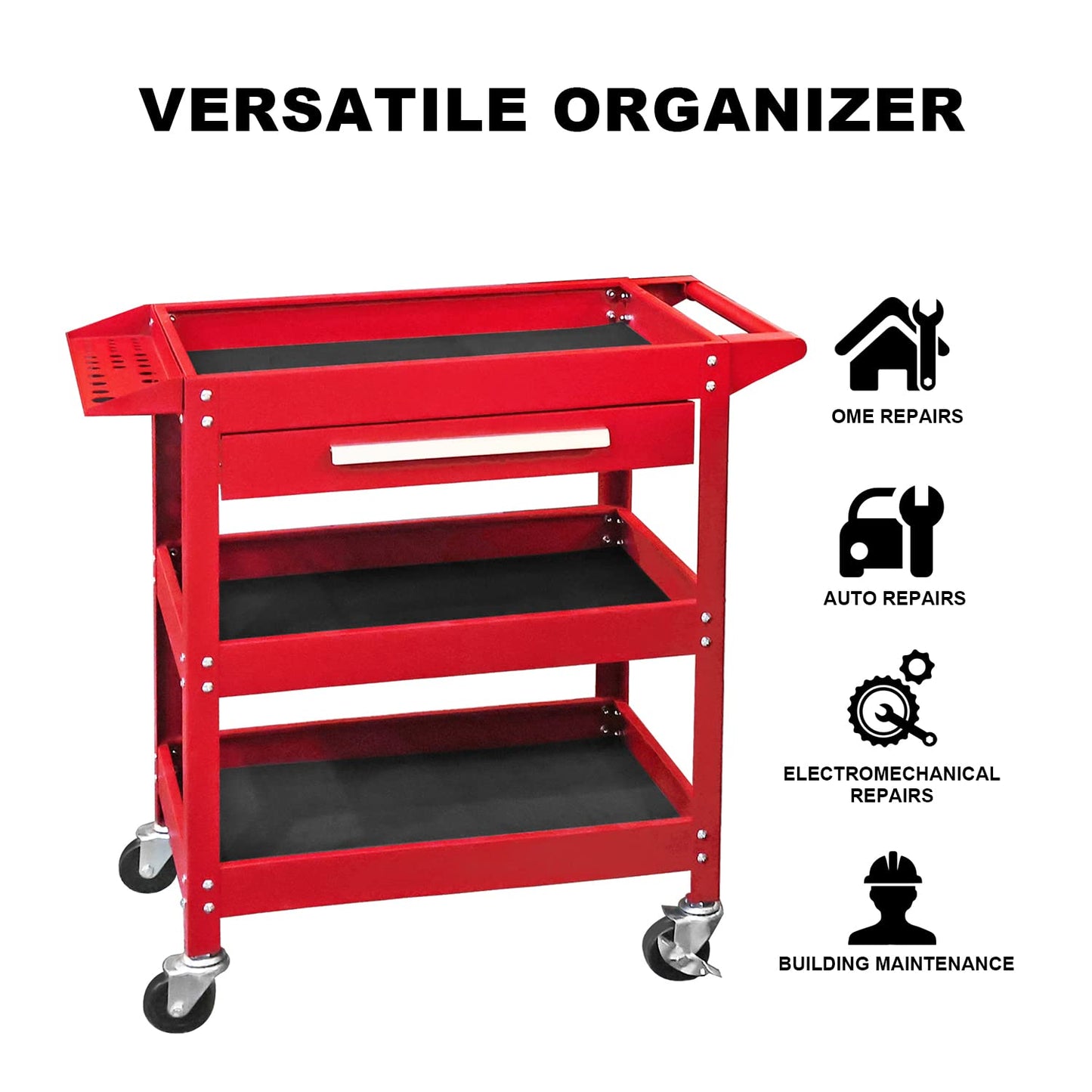 GSTANDARD APTB311R Torin Rolling Tool Cart with Drawer: 3 Layer Tool Oragnizer with Foam Pad and Heavy Duty Utility Cart with Four Swivel Casters, Red