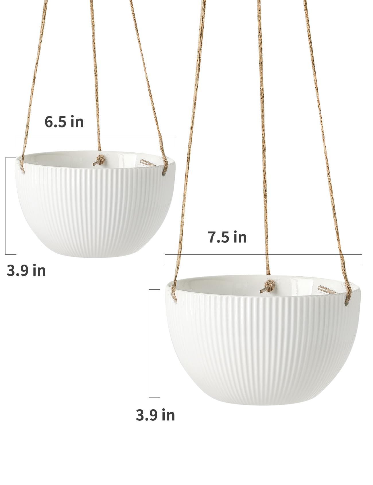 UBEE Ceramic Hanging Planters Indoor Outdoor, 7.5 Inch + 6.5 Inch Hanging Flower Pot for Plants Hanging Basket for Succulent Pothos Herbs Window Home Decor, 2 Pack, White