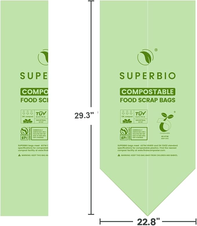 SUPERBIO 13 Gallon Compostable Kitchen Waste Bags, 1 Pack, Flat top Food Scrap