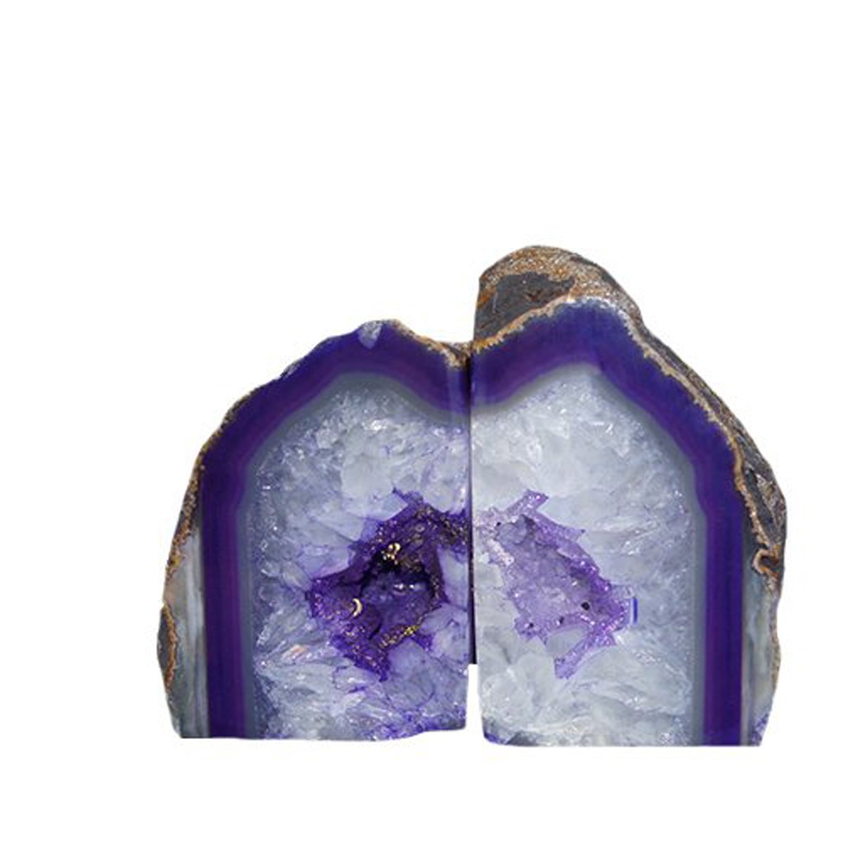 JIC Gem Dyed Purple Natural Agate Bookends Polished Stone Book Ends Crystal Geode Bookends for Shelves to Hold Books with Rubber Bumpers(1 Pair, 3-4 LBS)