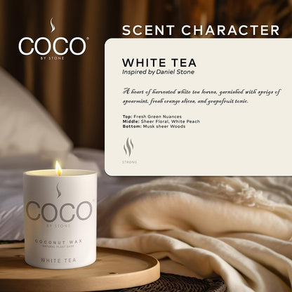 COCO by Stone 6.5oz Candle, Coconut Apricot Wax Candle for Home (White Tea), Home Fragrance Product, 1-Wick Candle, Enhances Indoor Aroma, Vegan & Cruelty-Free, Clean Burning, Hand-Poured