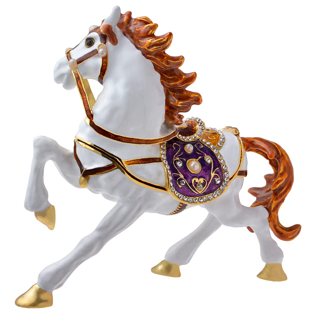 FJ FENGZHIJIE Golden Crystal Enameled Horse Jewelry Box, Hand-Painted Hinged White Horse Trinket Box, Elegant Home Décor & Unique Gift for Equestrians