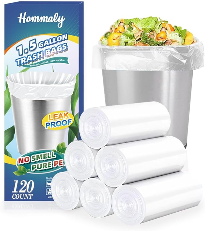 1.5 Gallon 120 pcs Small Clear Trash Bags, Strong 1.5 Gallon 1.6 Gallon Garbage