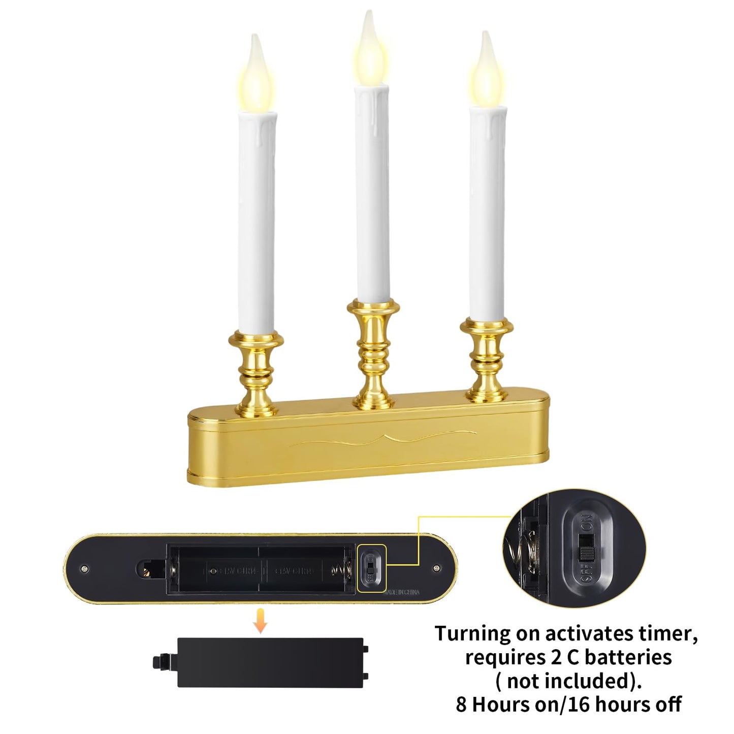 FGDECORJOIE Delicate Battery Operated Flicker Flame Gold Antique 3 Tier LED Window Candelabra 11.5 Inch Hight with Automtically Timer 8 Hours On/16 Hours Off