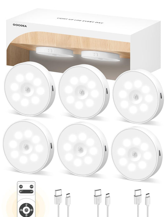 Goodea Led Under Cabinet Lighting, Motion Sensor Light Indoor, 1000mAh Puck Lights with IR Remote, Rechargeable Under Counter Lights for Kitchen,Cabinets,Closet,Stairs Indoor (6 Pack)
