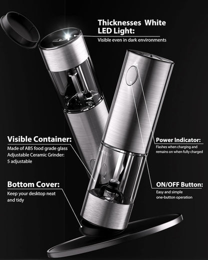 TOMEEM Electric Salt and Pepper Grinder Set, USB Rechargeable Salt and Pepper Grinder Set| Made of Stainless Steel | Adjustable Ceramic Grinder | LED Light
