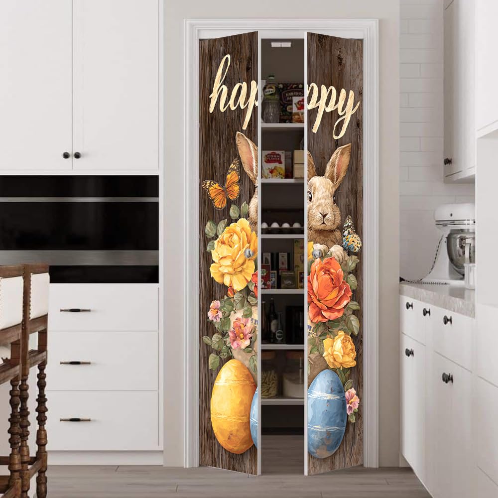 WDESYADMS PVC Self Adhesive Door Sticker 30.3x78.7 Inch Easter Bunny with Flowers and Eggs Design Peel and Stick Decorative Door Decal for Bedroom Living Room Entryway Spring Home Decor