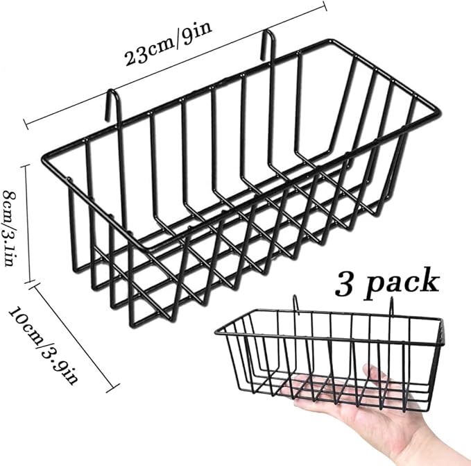3 Pack Grid Panel Hanging Wire Basket, Storage and Display Basket