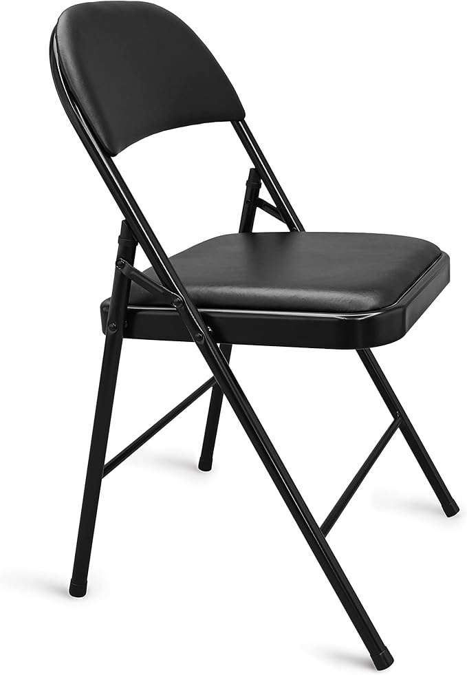 Amazon Basics Comfortable Vinyl-Padded Metal Steel Folding Chairs for Events, Easy to Fold and Store, Black, 4-Pack