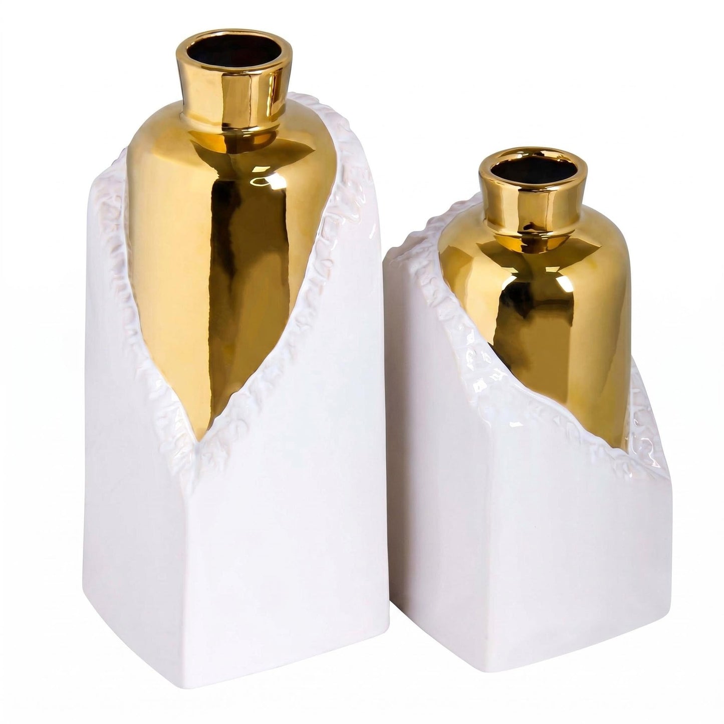 Iryanthos White and Gold Ceramic Vase Set, Modern Home Decor Flower Vases, 2-Piece Bud Vase for Living Room, Wedding & Hotel Dining Table Centerpieces, Fireplace or Bookshelf, 8.6" & 10.8" H