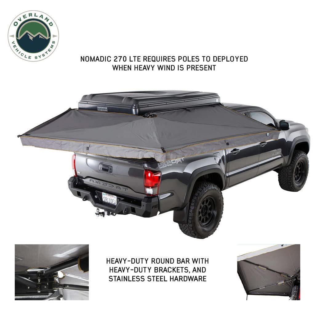 Overland Vehicle Systems 19689909 HD Nomadic 270 LTE Awning Passenger Side | 65 Sq Ft of Coverage | Dark Gray Fabric with Travel Cover Included | Twist and Lock Technology | Weather-Resistant