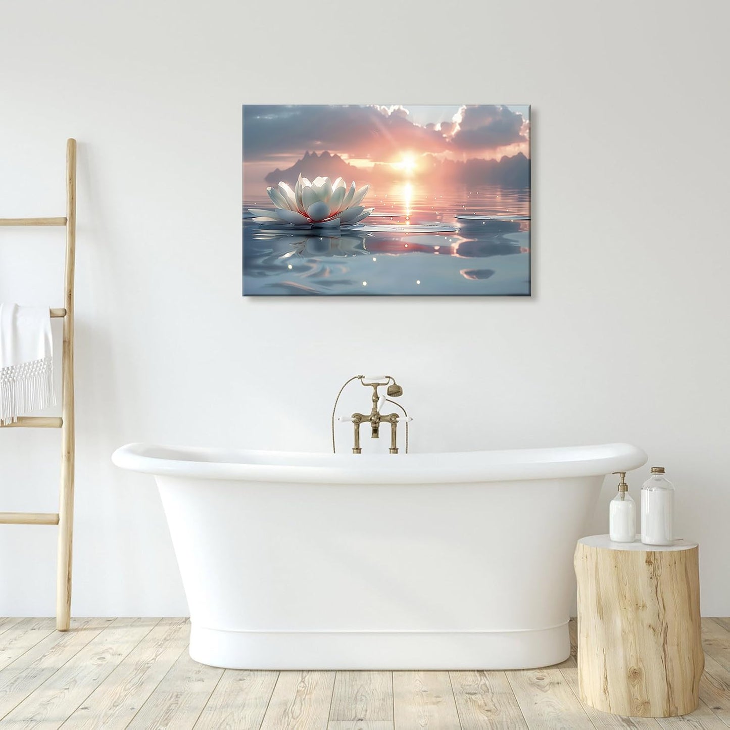 Zen White Lotus Wall Art Sunrise Meditation Canvas Wall Decor Spa Yoga Still Life Painting Prints Relaxing Spiritual Just Breathe Aesthetic Posters Pictures Modern Spiritual Inspiration Framed