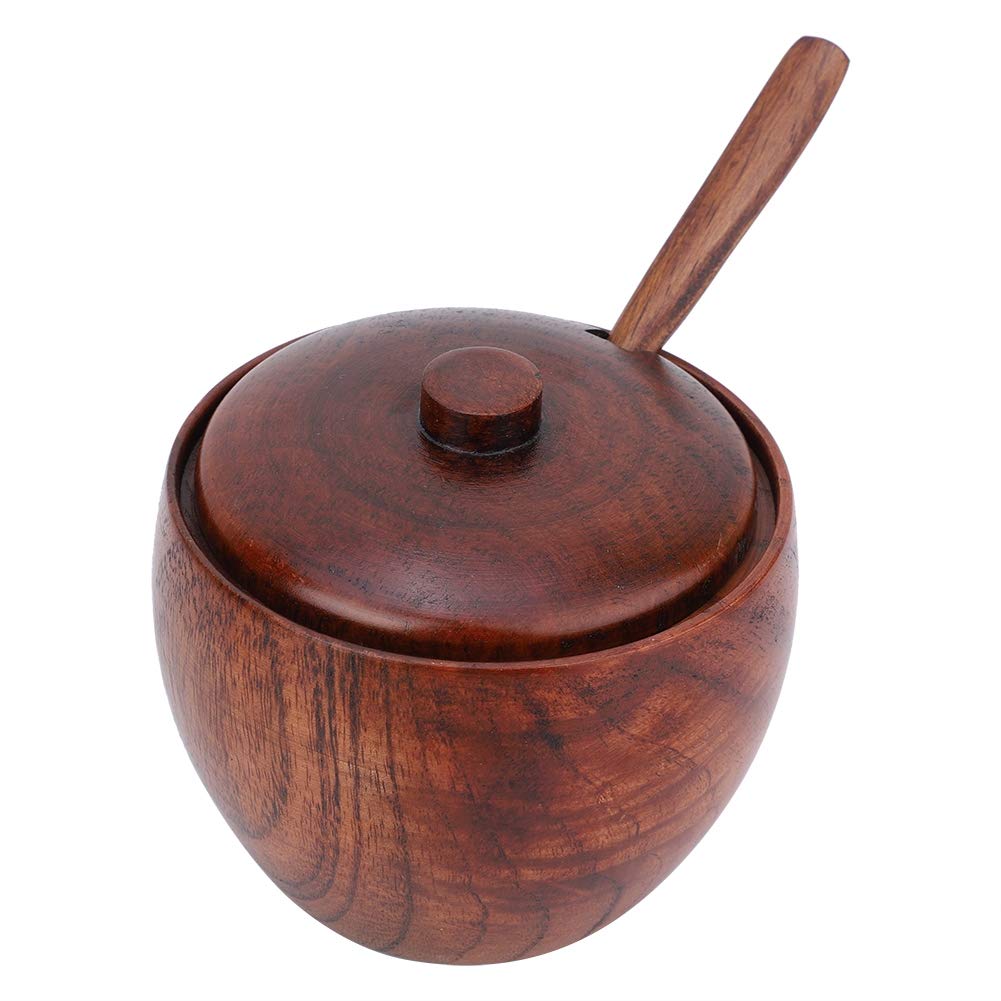 Cyrank Set of 4 Spice Jars, Wooden Condiment Jars Set with Lid and Spoon Wood Seasoning Box Sugar Salt Container Set Condiment Pots for Salt, Sugar and Pepper