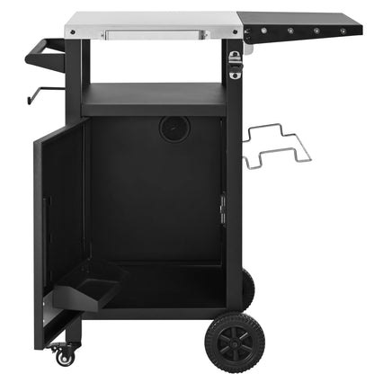 Merax Small Outdoor Grill Cart with Storage Cabinet & Drop Leaf, Outdoor Metal Bar Cart Pizza Oven Table on Wheels, Stainless Steel Top Outdoor Kitchen Island for BBQ Food Prep, Grill Cover Included