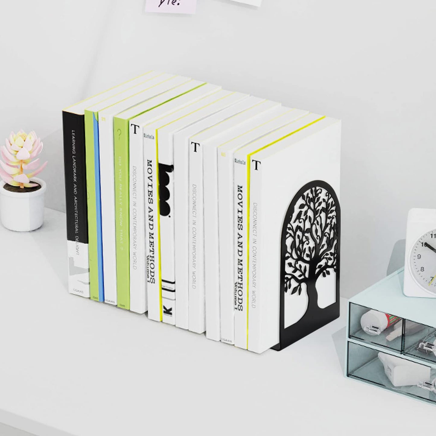 HappyHapi Book Ends, Metal Bookends for Shelves Decorative, Tree Stopper for Heavy Books, Black Ends to Hold Books for Home Office, 6.5 X 4.7 X 3.5 Inch(3 Pairs/6 Pcs, Large)