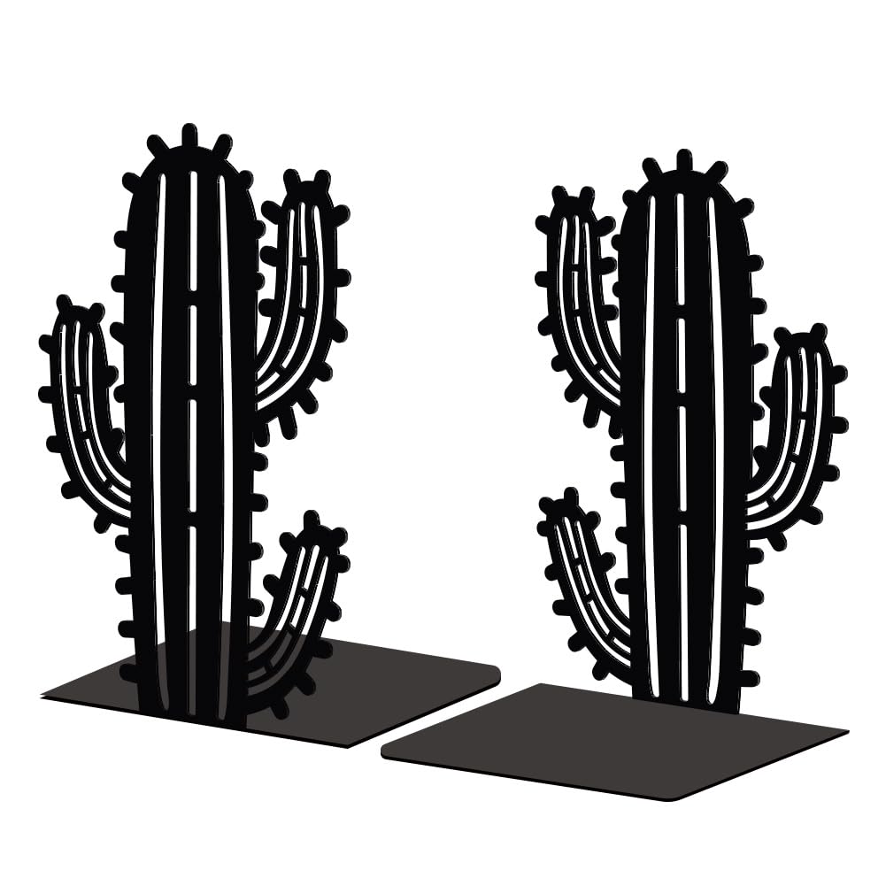 Peacoblue Metal Bookends for Shelves, Modern Decorative Heavy Duty Study Book Support Stoppers for Office, Desk, Shelf, Room 5.3"x4.3"x7.9" Cast Iron Simple Tall Bookends, 1 Pair (Cactus)