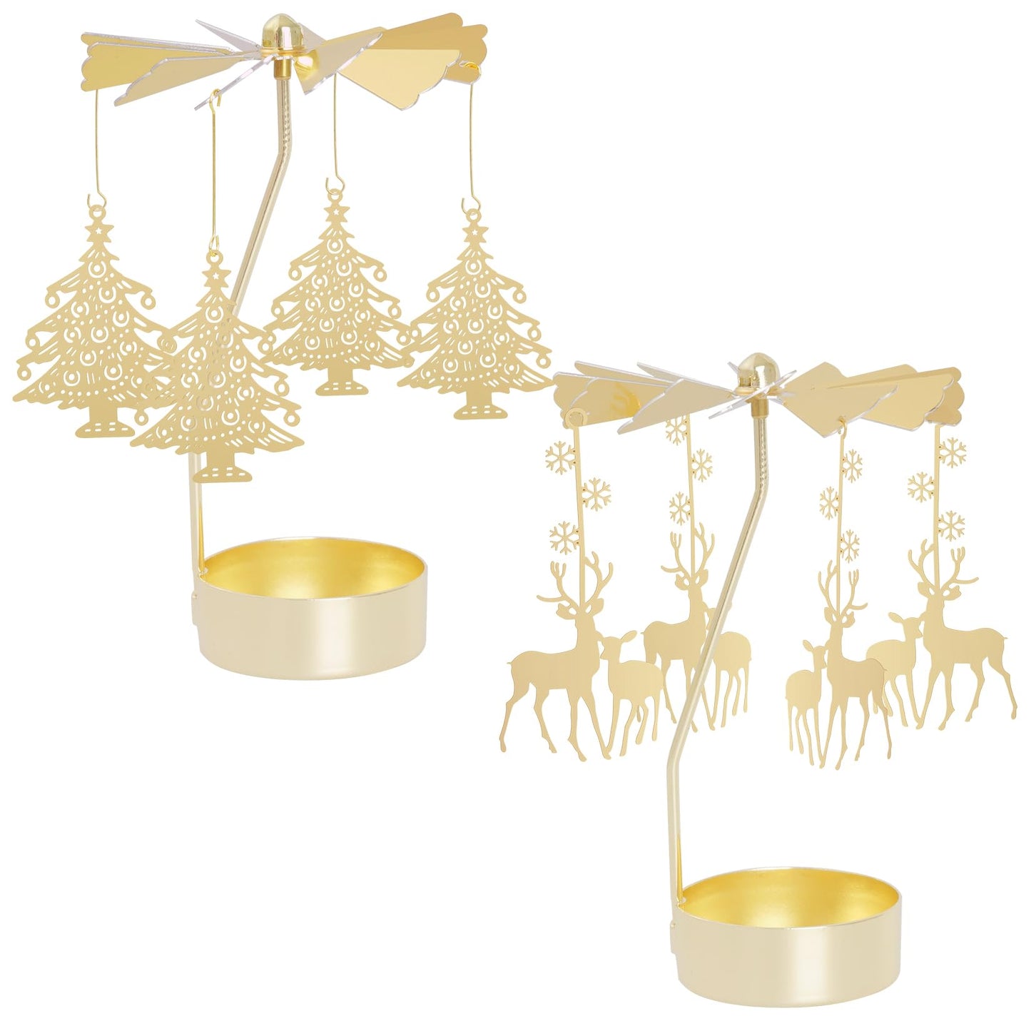 2Pcs Rotary Candle Holder Spinning Tea Light Candle Holder Gold Christmas Tree & Reindeer Style Metal Rotating Candlestick