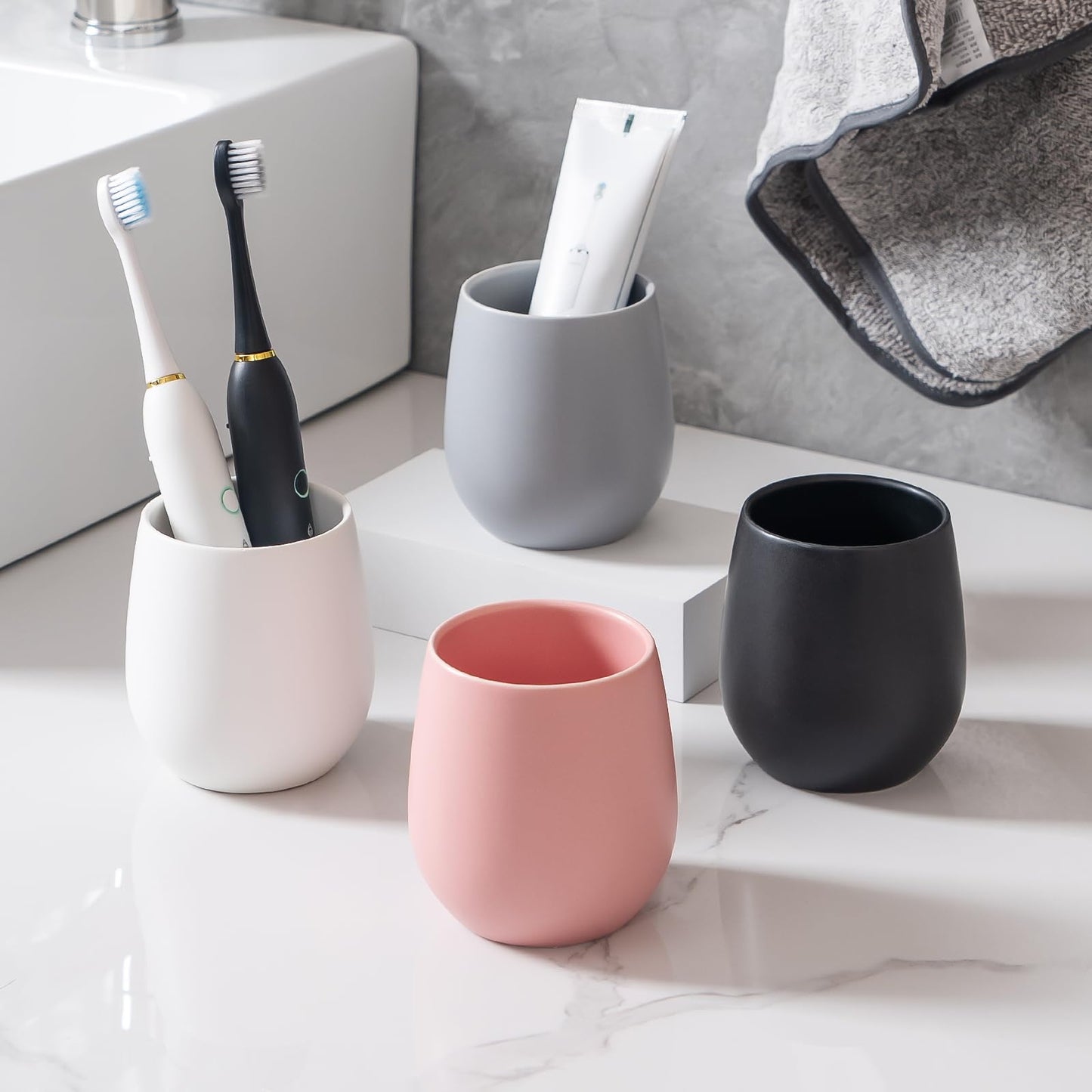 Grey Ceramic Toothbrush Holder - 11Oz Small Bathroom Tooth Brushing Holders, Reusable Mouthwash Cup, Toothpaste Holder, Makeup Brush Holder, Pen Holder for Bathroom Countertop, 1PC