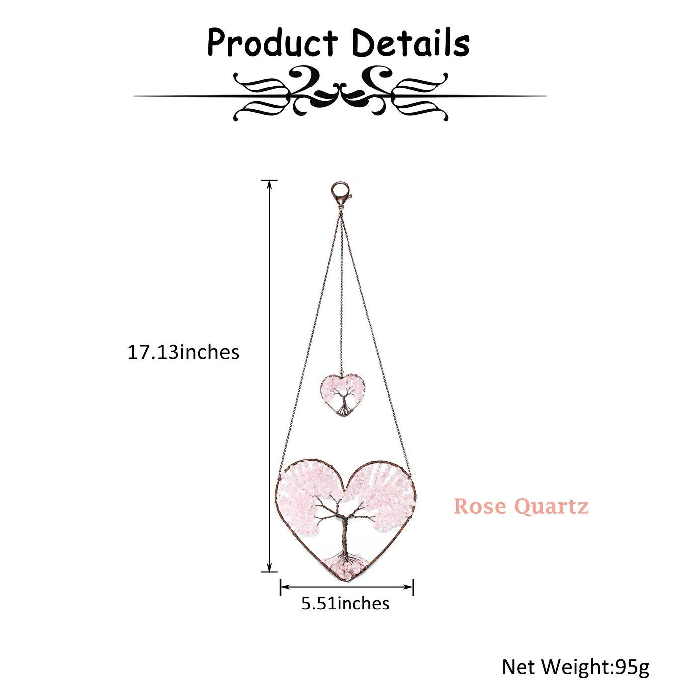PESOENTH Rose Quartz Crystal Tree of Life Heart Wall Hanging Decor Gifts for Women,Bohemian Pink Healing Crystals Reiki Stones Ornaments Spiritual Gifts Christmas Tree Home Hanging Decorations
