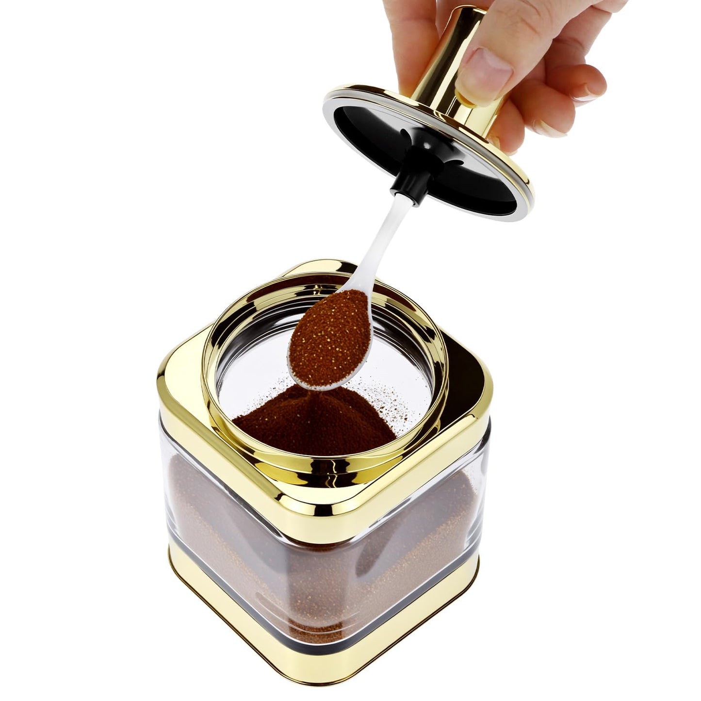 QWORK Glass Condiment Jars with Spoon, 2 Pack 12oz Spice Containers with Gold Lid, Sugar Dispense, Kitchen Containers, Seasoning Box Set for Sugar, Salt, Coffee, Flour & Kitchen Storage