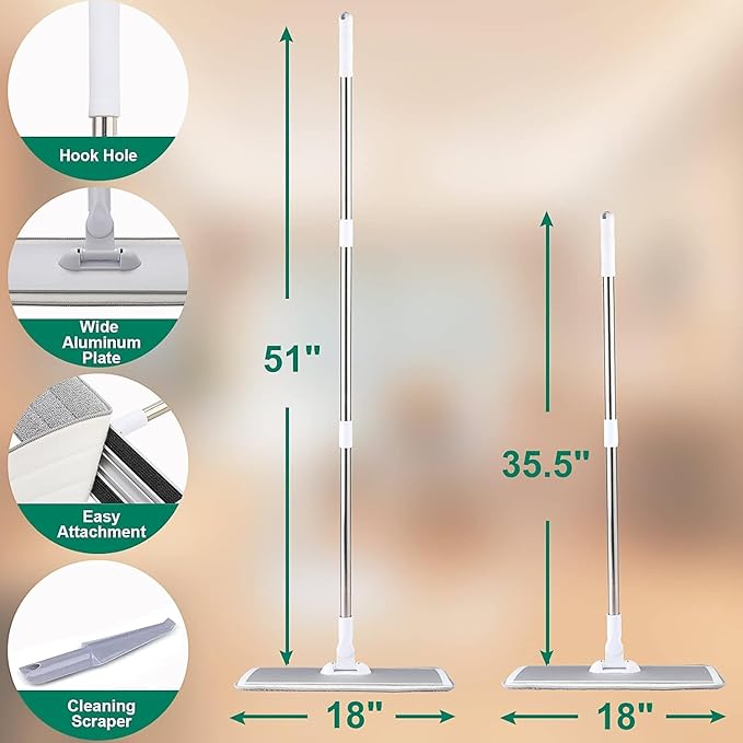 18" Professional Microfiber Mop Floor Cleaning System, Flat Mops