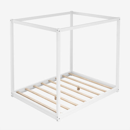 Merax Wooden Canopy Platform Bed Frame Queen Size Floor Bed/Mattress Foundation with Slat Support White