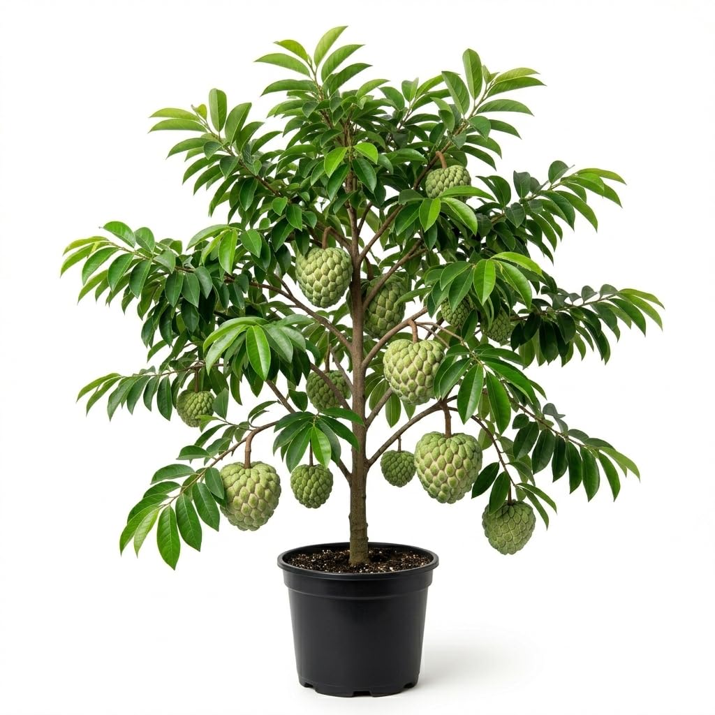 1 Potted Sweet Sugar Apple Tree Sweetsop Custard Apple Tree Tropical Fruit Plant1.5-2.5 Ft Tall Gal Pot, Fragrant Fowers, No Ship CA