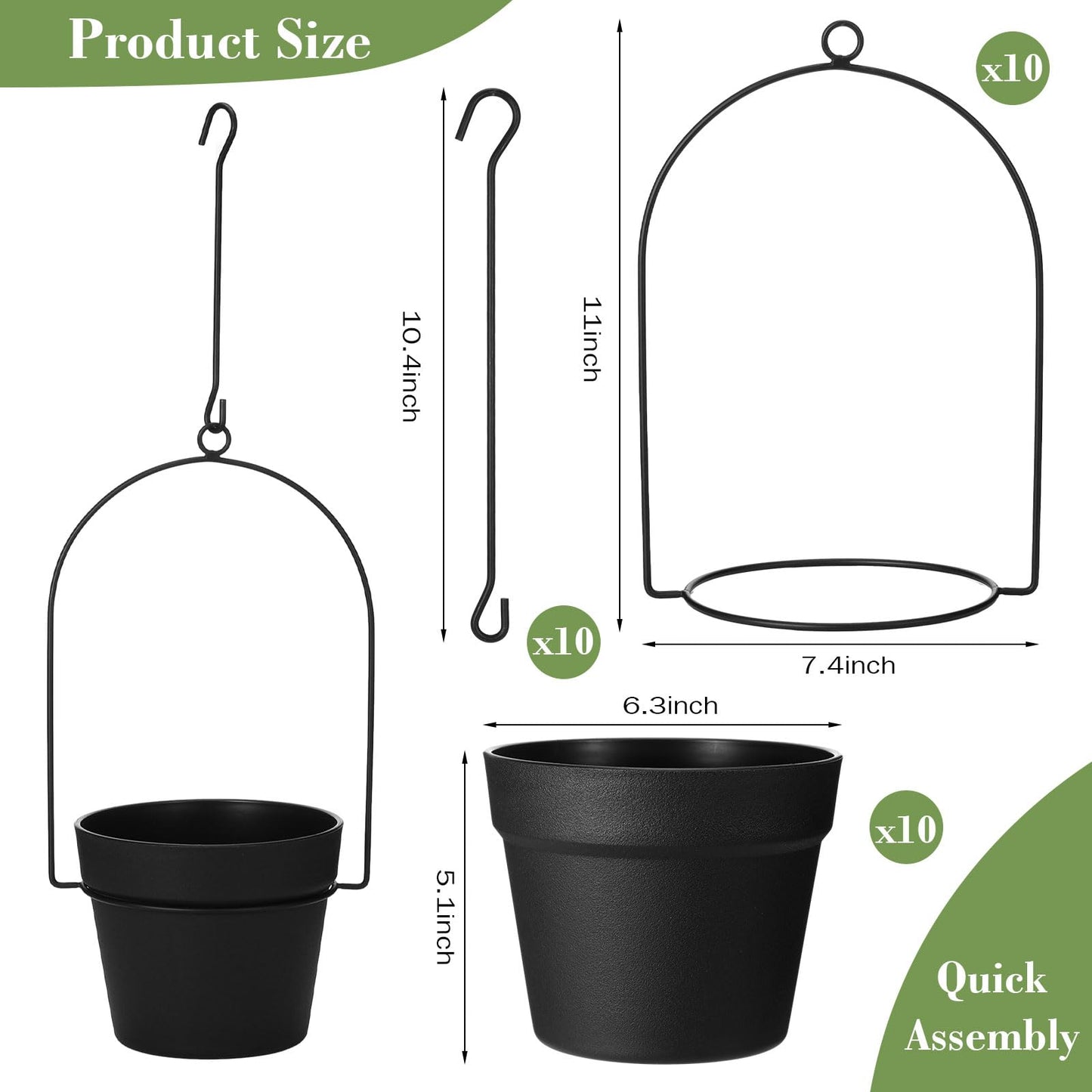 Hushee 10 Packs Metal Hanging Planters for Outdoor Indoor Plants Plant Hanger with 6.3'' Plastic Pots Hanging Planter Basket for Garden Home Porch Decor (Black)