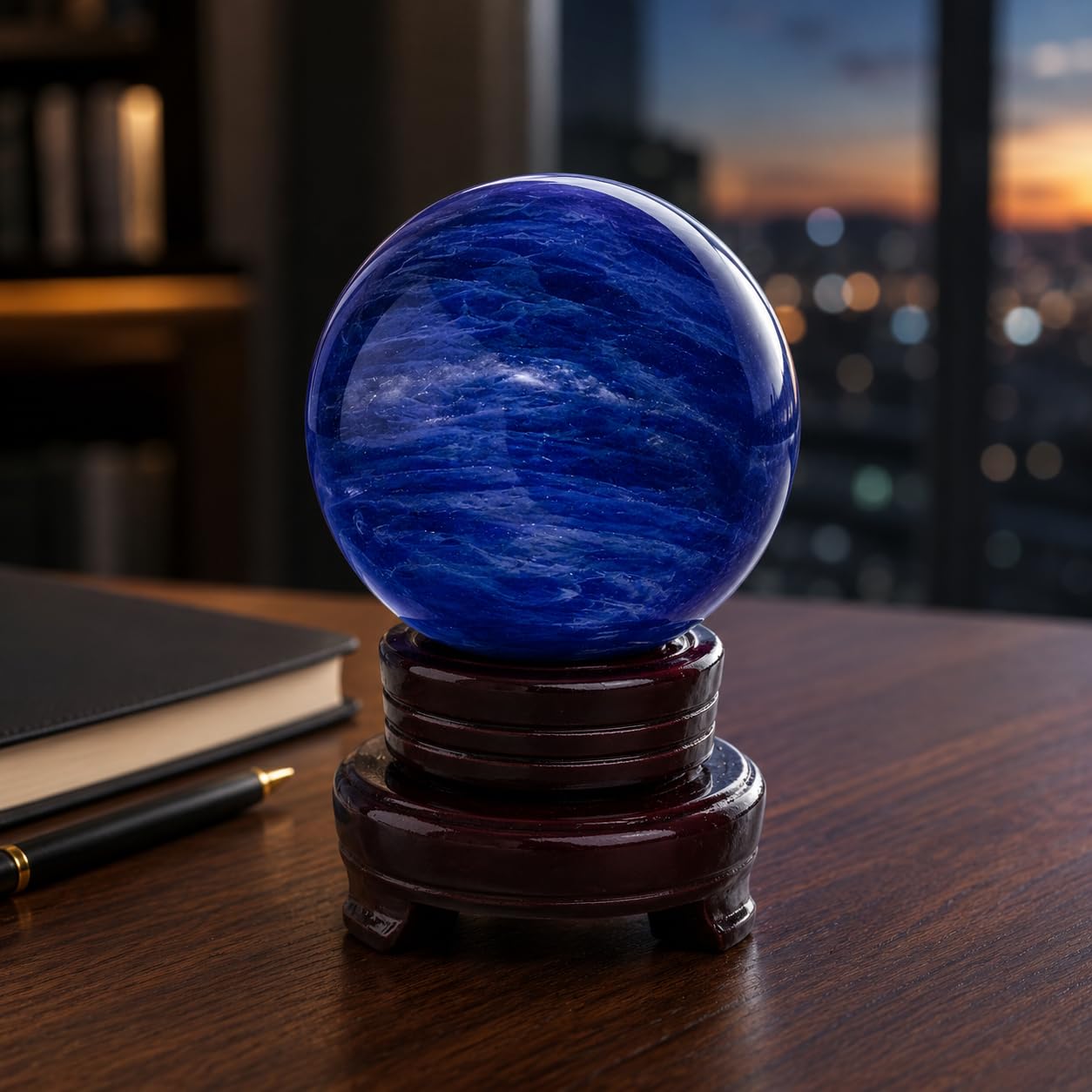 Lodkksg Blue Crystal Ball(100mm-3.93 inches) with Display Stand—Natural Sapphire Sphere for Decoration and Divination