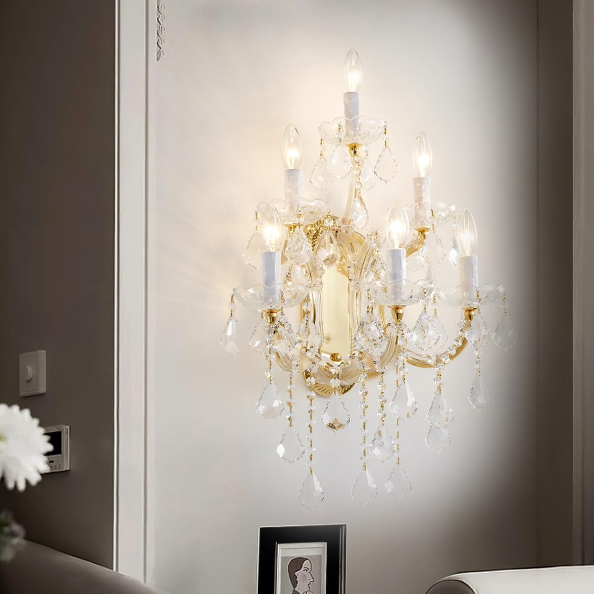 TMAFON Large Modern Crystal Wall Lights - 6 Lights Maria Theresa Wall Lamp Chandelier Light Fixtures, Gold Wall Mounted Sconce for Hotel, Living Room, Hall, Lobby