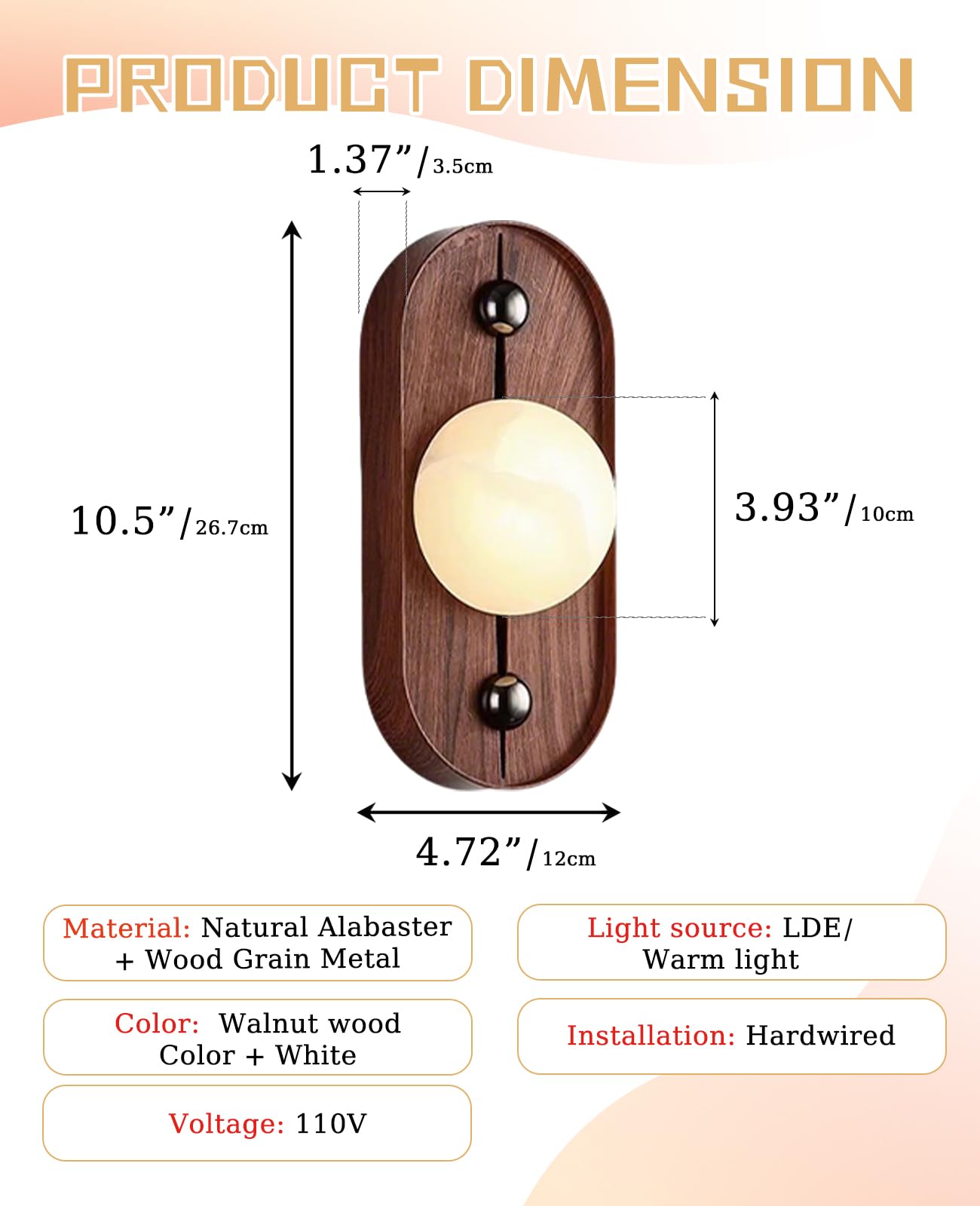 ALABABATA Natural Marble Wall Sconce, 10.5" High Alabaster Wall Sconces with White Stone Lampshade and Wood Grain Metal Base, Mid Century Modern Wall Lights Fixture for Bedroom Living Room Hallway