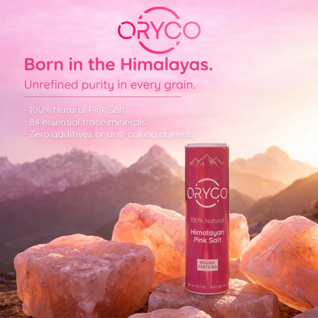 Oryco Himalayan Pink Salt Fine Grain Shaker (24.7 oz) 700g – 100% Natural, Kosher, Non-GMO, Mineral Salt, Easy Pour Shaker for Cooking, Baking, Table Seasoning, Popcorn & Everyday Kitchen Use