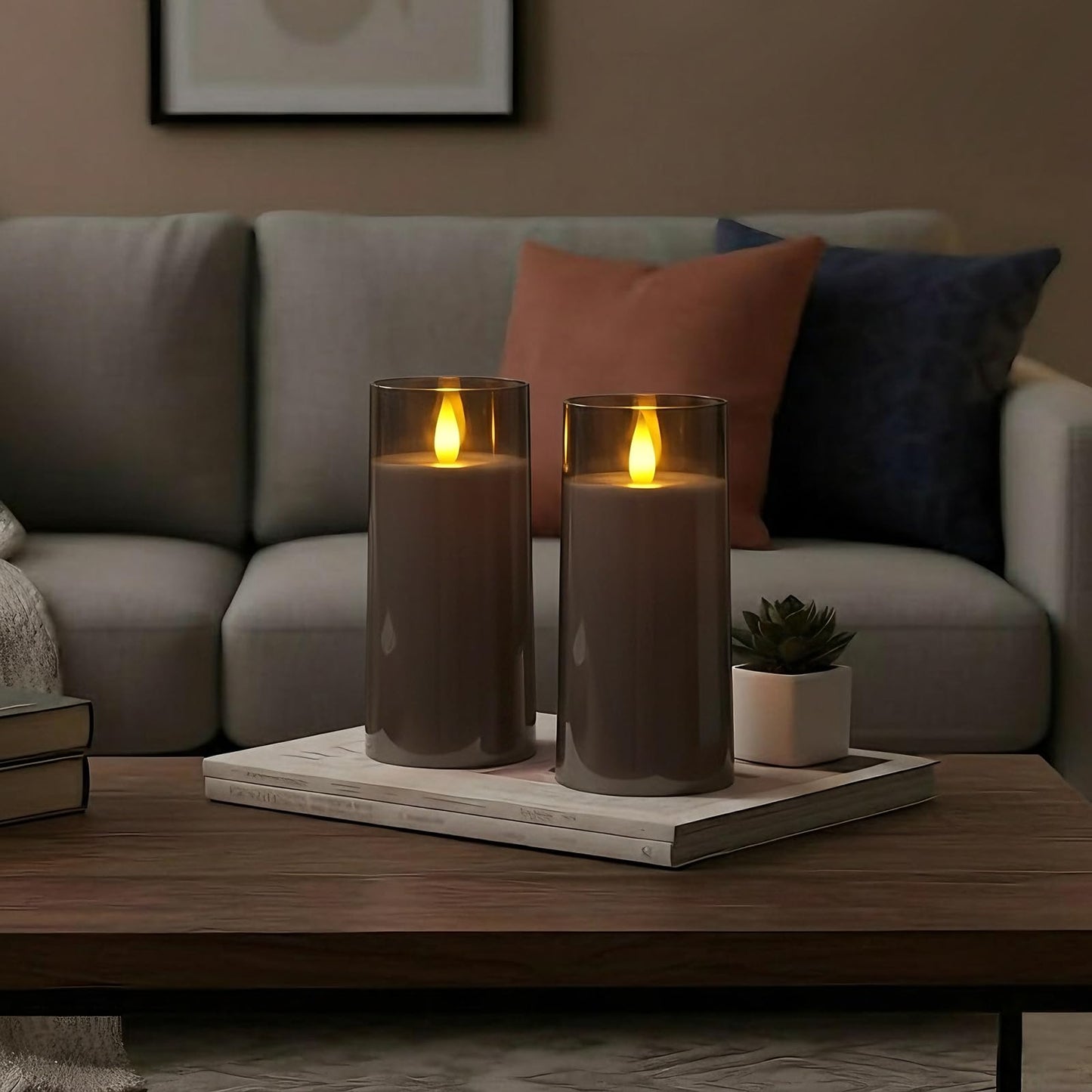 Raycare Christmas Flameless Electronic Pillar Candles with Remote Control and Timer- Battery Operated Realistic Flickering LED Fake Candle for Home, Wedding Decor,Grey,Set of 2(3"x6"6")