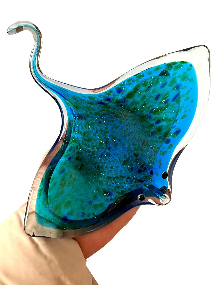 JinShiY Handmade Glass Blown Marine Animal Figurine Glaze Devil's Fish Sculpture Modern Miniature Home Decoration Christmas Kids Gift, Green