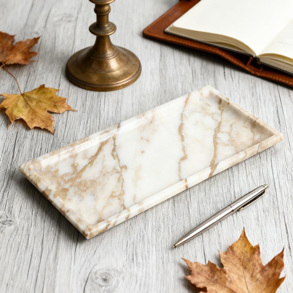 DUANYAN Natural Marble Tray for Kitchen Counter Living Room, Stone Plate for Fruit Jewelry Perfume Cosmetics Key, Decorative Tray for Table Decor (Calacatta-Glod/Rectangular 11.8"x5.9"x0.7")