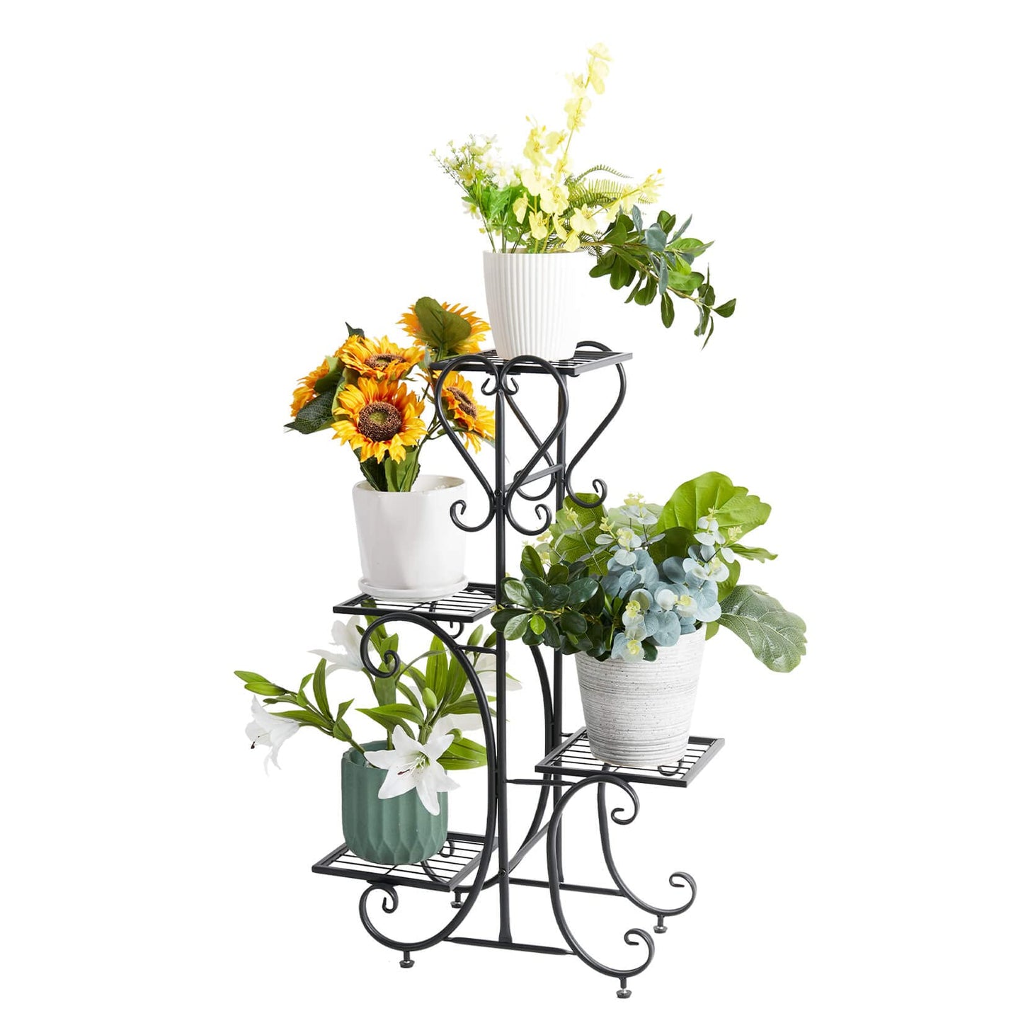 unho Metal Plant Stand Black: 4 Tier Flower Pot Display Rack with Potted Planter Shelves Indoor Storage Shelf Holder for Balcony Living Room Patio Garden Entryway Décor (Black)