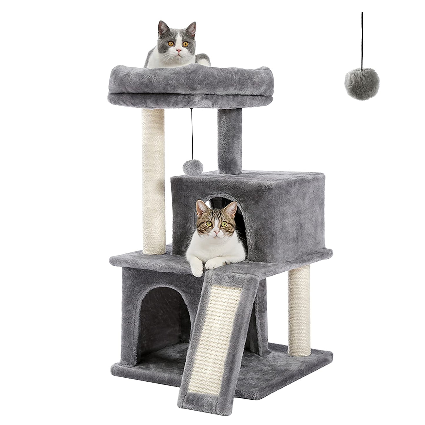 PETEPELA Cat Tree 90cm Cat Tower with Double Condos, Removable Spacious Perch, Fully Wrapped Scratching Posts for Indoor Cats, Replaceable Dangling Balls, 35 Inches Grey