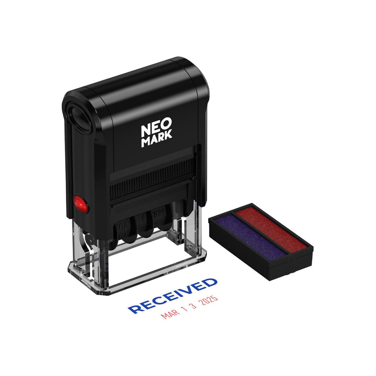 NEO MARK Self-Inking Date Office Stamp with Received Blue Ink & Date Red Ink, 12-Year Adjustable Rubber Dater, Ideal for Documents, Business & Accounting - with an Extra Refill Ink Pad