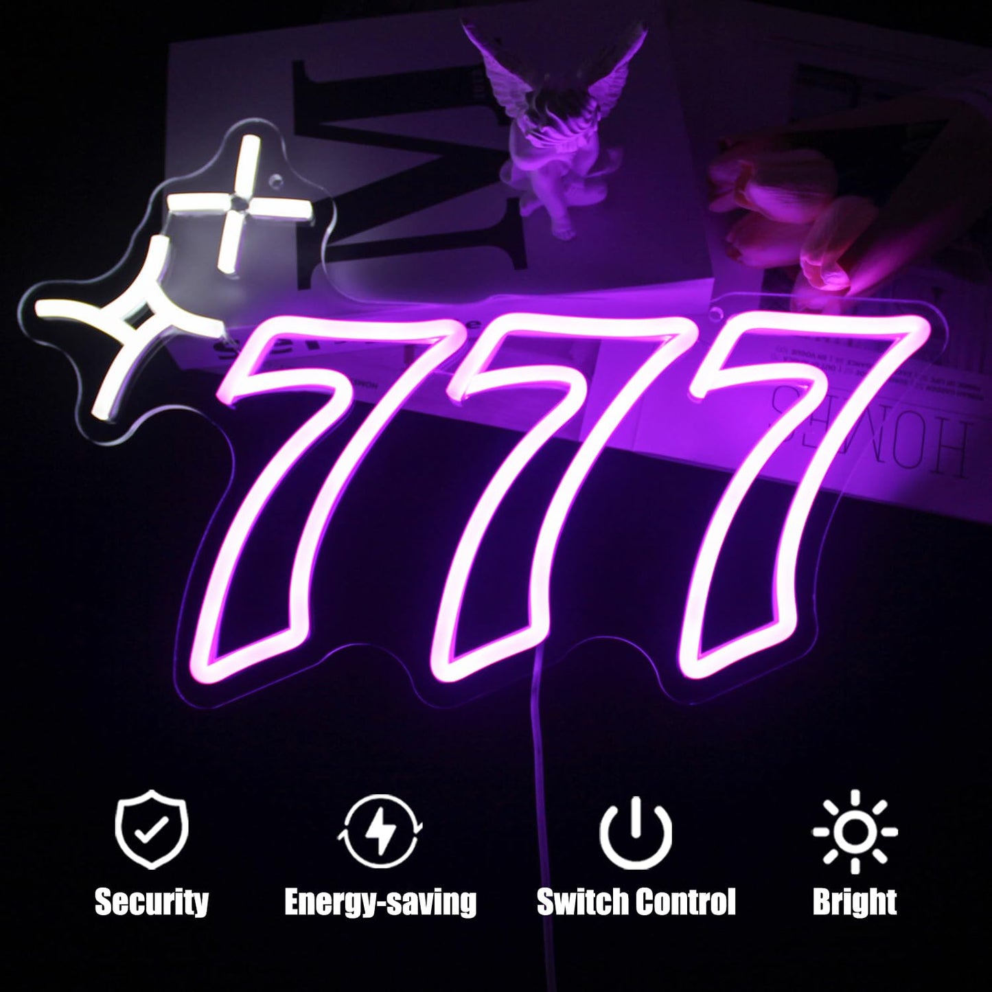 Purple 777 Neon Sign Angel Number Neon Lights Signs Lucky Number Seven LED Neon Signs for Wall Decor White Star Neon Wall Sign 777 Light Up Sign for Bedroom Dorm Birthday Party Y2k Room Decor