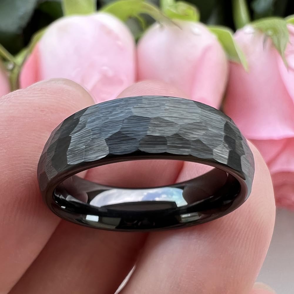TUTISS 6mm Black Hammered Tungsten Rings for Men Women Fashion Engagement Wedding Bands Domed Matte Finish Comfort Fit Size 9.5