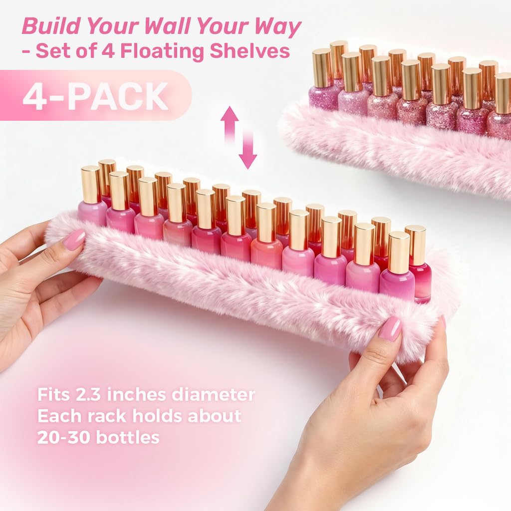 Care&More YJ 15 Inch Nail Polish Shelves, 4-Pack Fuzzy Display Nail Polish Rack for Storing Nail Bottles, Sunglasses, Essential Oils, Plush Soft Pink