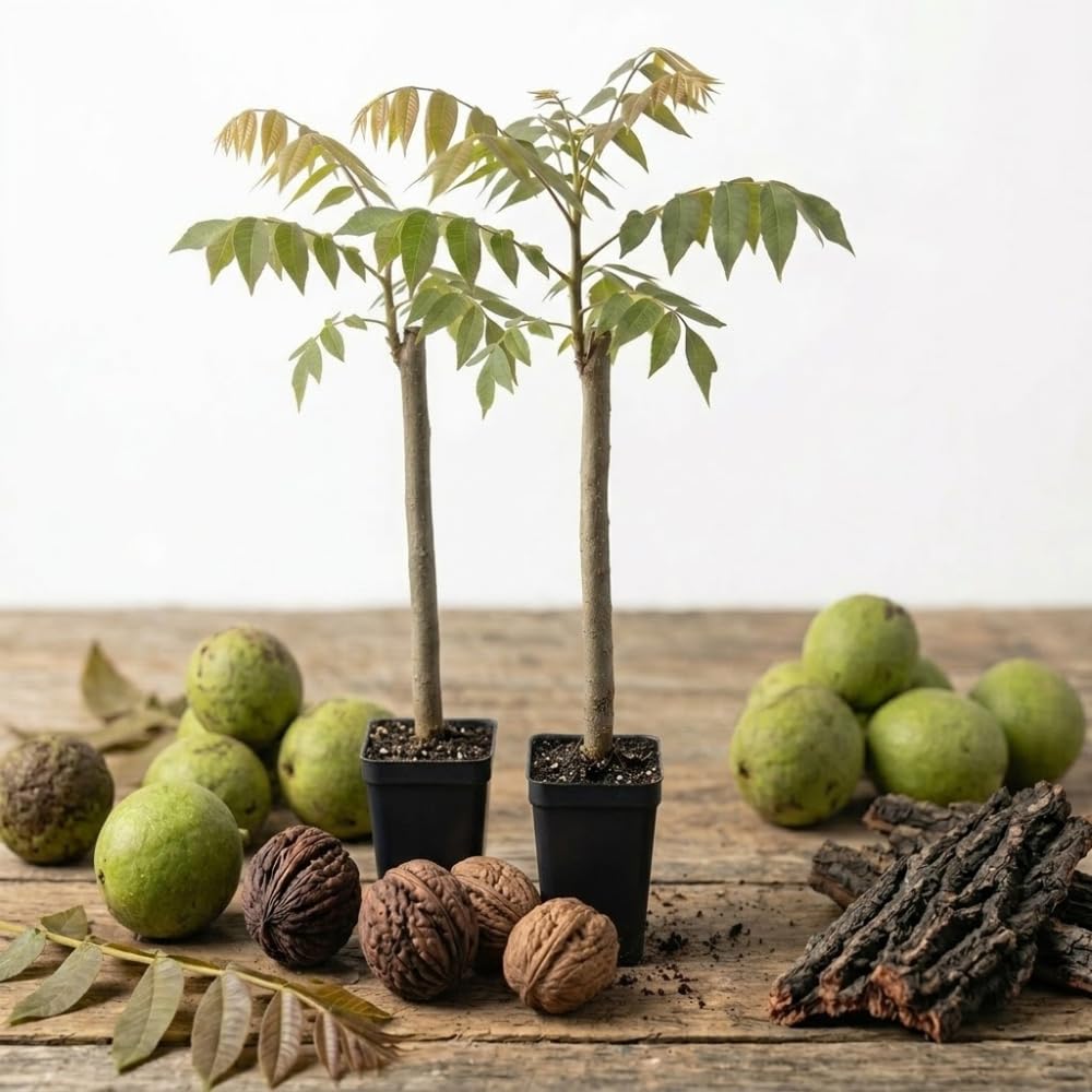2 Black Walnut Tree in 4" Pot, 12-18 Inch Tall, Juglans Nigra Native Hardwood Tree, Edible Nut Bearing Shrub for Backyard and Timber