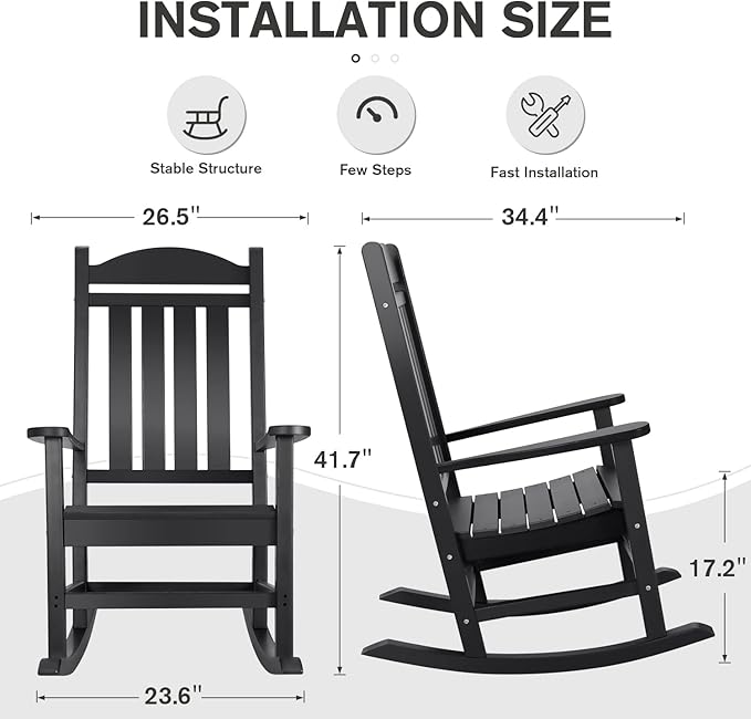 Devoko HDPE Rocking Chair Plastic Outdoor Indoor Patio Rocker Chair High Back All Weather Rocker for Patio Backyard Porch Garden (Black)