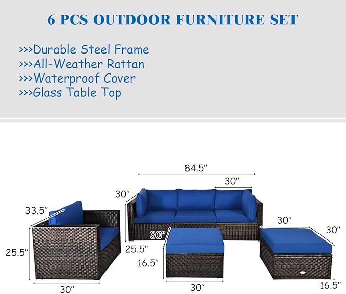 Tangkula 6 Pieces Wicker Patio Furniture Set, PE Rattan Outdoor Sectional
