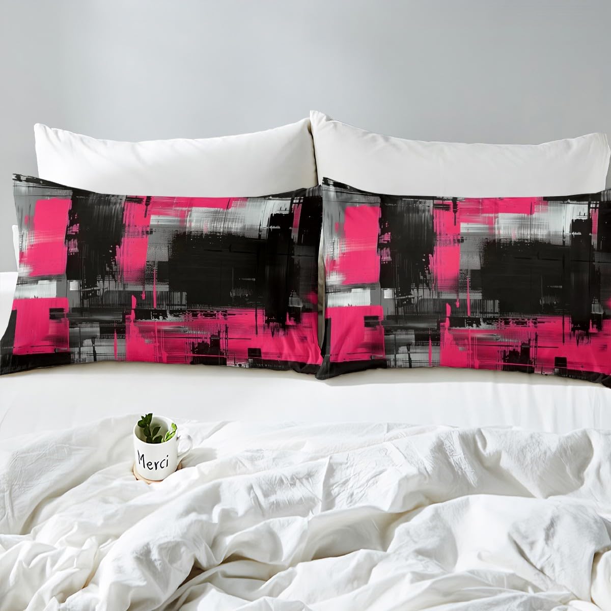 jejeloiu Abstract Bed Sheets Set Twin Size Black and Pink Bed Set Art Aesthetic Deep Pocket Fitted Sheet Geometric Breathable Soft Lightweight Microfiber