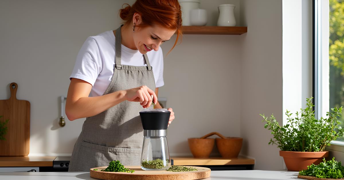 Premium Herb and Spice Grinder – Manual Glass Jar with lid with Adjustable Ceramic Burr, Portable Coffee Bean Grinder, Pepper Mill, Salt Grinder, Seed Grinder and Kitchen Spice Crusher