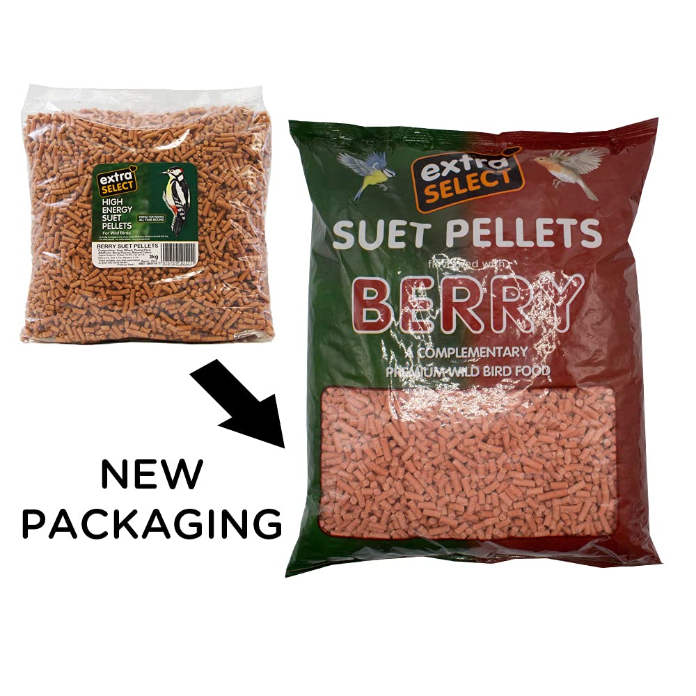 Extra Select Berry High Energy Suet Pellets Wild Bird Food - Protein, Fat Rich Year-Round Feeding - 3 Kg Refill