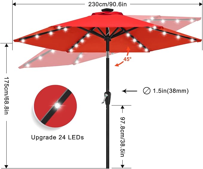 ABCCANOPY Durable Solar Led Patio Umbrellas with 24LED Lights 7.5FT (Red)