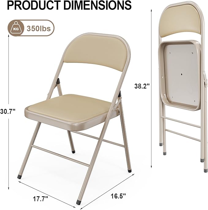 VINGLI 20 Pack Folding Chairs with Padded Seats, Metal Frame with Pu Leather Seat & Back, Capacity 350 lbs, Set of 20, Khaki