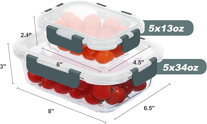 KOMUEE 10 Pack Glass Food Storage Containers, Meal Prep Containers